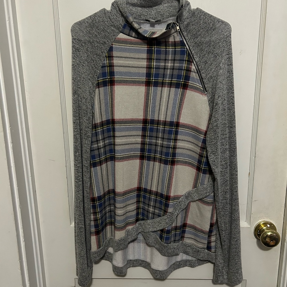 White Birch Gray and Blue Plaid Zip-Up Sweater